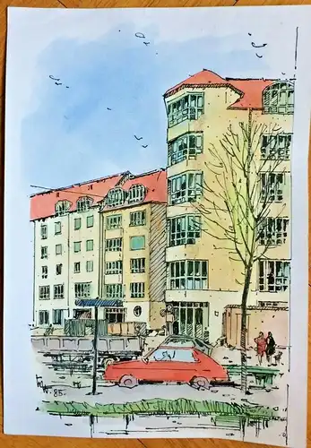 München - Colorierte Original-Tusche-Zeichnung von Karl Sally Bauer-Oltsch
