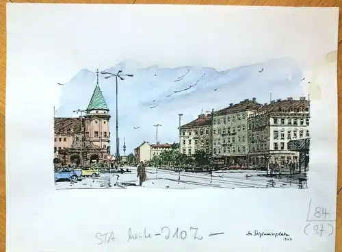 „Am Stiglmeierplatz 1967“ - Colorierte Orig.-Tusche-Zeichnung von Bauer-Oltsch