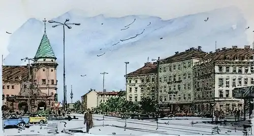 „Am Stiglmeierplatz 1967“ - Colorierte Orig.-Tusche-Zeichnung von Bauer-Oltsch