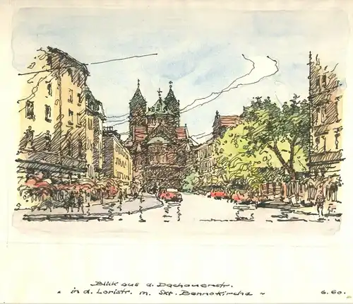 St.-Benno-Kirche in München - Colorierte Orig.-Tusche-Zeichnung von Bauer-Oltsch