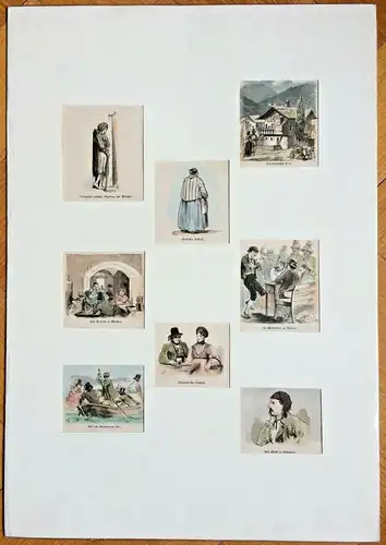 8 kleine colorierte Holzstiche 6 x 8 cm - Bayerische Motive im Passepartout