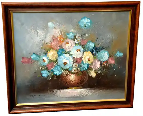 Ölbild,hellblaue Blumen in einer Vase,gerahmt,sign.Magnasco