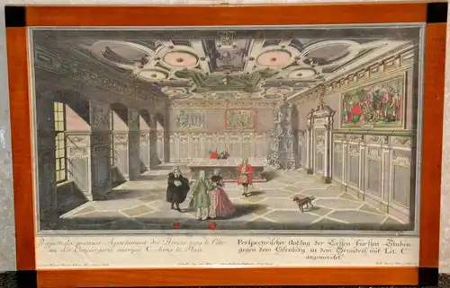 Kupferstich,koloriert,1732,Pinz,Perpectivischer Aufzug d Fürstenstuben,gerahmt,
