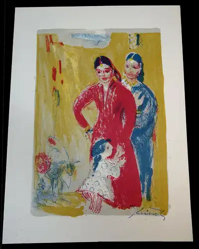Lithografie,zwei Spanierinnen mit Kind,im Hintergrund ein Lamm,signiert