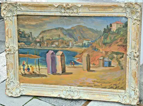 Ölbild,Gemälde,Max Agostini,Strand in Südfrankreich,signiert u.gerahmt