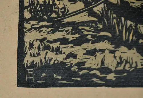 Farbholzschnitt,Monogrammist PH oder RH,bäuerliche Landschaft mit Stadeln,20.Jh