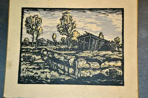 Farbholzschnitt,Monogrammist PH oder RH,bäuerliche Landschaft mit Stadeln,20.Jh