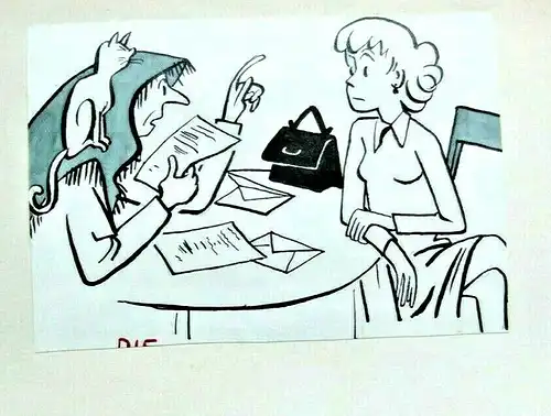Original-Tuschezeichnung – Cartoon Alexander Knuth,1950er Jahre,Wahrsagerin