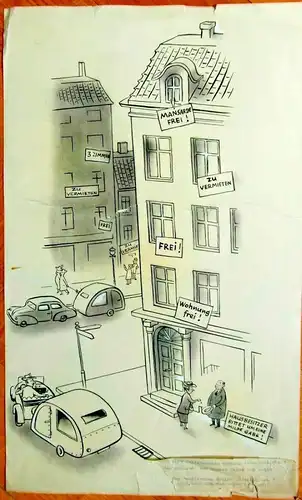 Original-Tuschezeichnung – Cartoon, Alexander Knuth,1950er,Jahre Wohnung frei