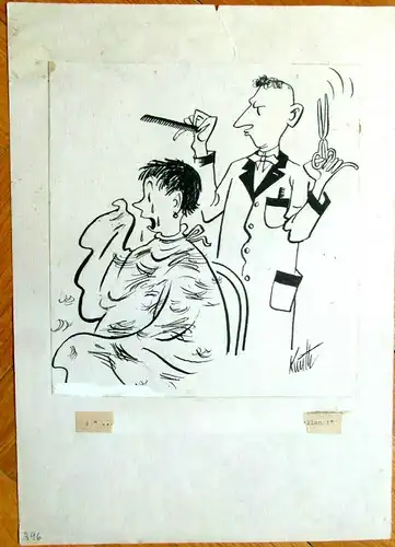 Original-Tuschezeichnung – Cartoon, Alexander Knuth,1950er Jahre,Friseur