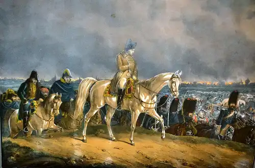 Napoleons Rückzug v. Moskau,1812,Farblithographie koloriert,o.Rahmen,Bild v.1847