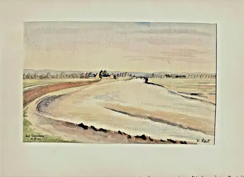 Aquarell Flußlandschaft beim Mont-Saint-Michel von Fr. Rast, signiert, 1941