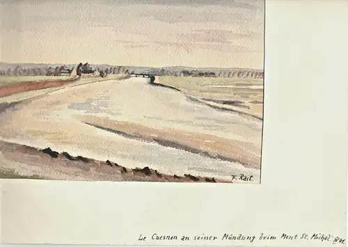 Aquarell Flußlandschaft beim Mont-Saint-Michel von Fr. Rast, signiert, 1941