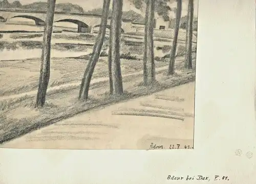 Kohlezeichnung Flußlandschaft Adour bei Dax, signiert „F. Rast“, datiert 1941