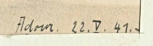 Kohlezeichnung Flußlandschaft Adour bei Dax, signiert „F. Rast“, datiert 1941