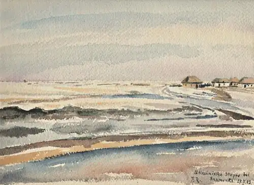 Aquarell,WWII„Ukrainische Steppe bei Snamenka“, datiert 27.III.42, monogrammiert