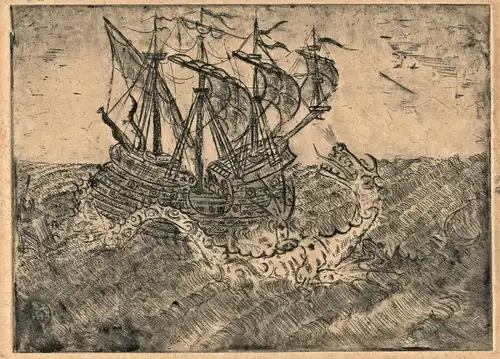 Radierung Segelschiff und Seeungeheuer, signiert „Jörg“