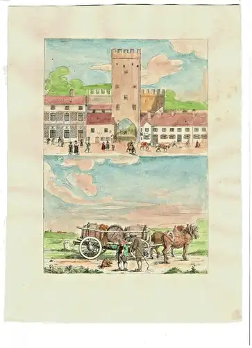 Colorierte Original-Lithographe „Carlsthor“ in München, 19. Jahrhundert