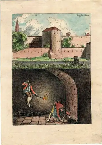 Colorierter Original-Stahlstich „Jungfer=Thurm“ in München, 19.Jahrhundert