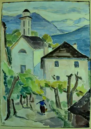 Aquarell,Dorf in Südtirol,sign.ES,vor 1945,gerahmt, Passepartout