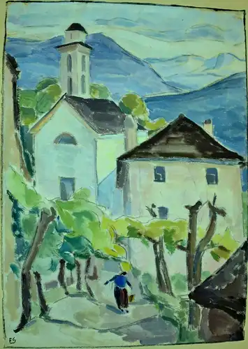 Aquarell,Dorf in Südtirol,sign.ES,vor 1945,gerahmt, Passepartout