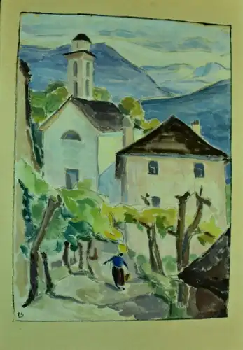 Aquarell,Dorf in Südtirol,sign.ES,vor 1945,gerahmt, Passepartout