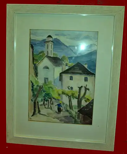 Aquarell,Dorf in Südtirol,sign.ES,vor 1945,gerahmt, Passepartout