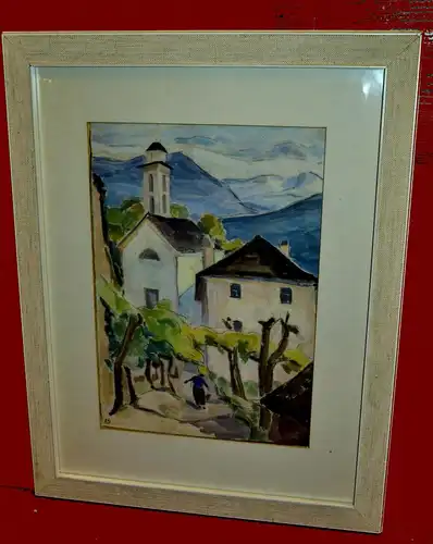 Aquarell,Dorf in Südtirol,sign.ES,vor 1945,gerahmt, Passepartout