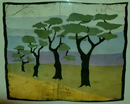 Afrikanische Bäume in der Savanne,auf Stoff gemalt,Sign.: I Müller,gerahmt