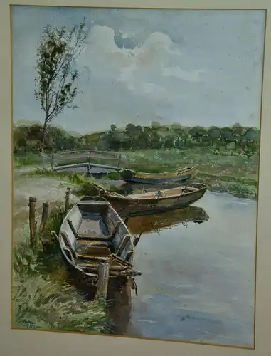 Aquarell,Carl Voss,Fischerkähne,gerahmt, Passepartout