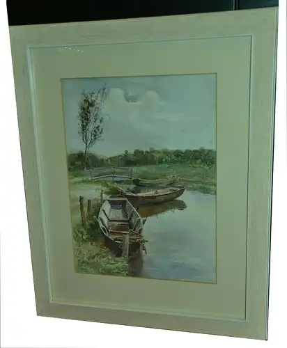 Aquarell,Carl Voss,Fischerkähne,gerahmt, Passepartout