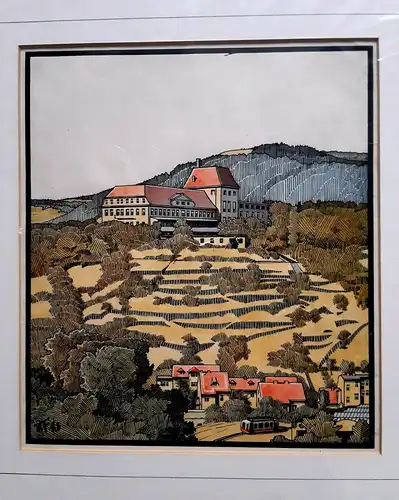 Landschaft,Weinberg,Bahnhof,Hotel,Tusche,koloriert, signiert u.datiert