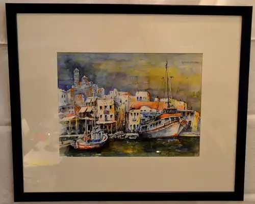 Aquarell,Kykladeninsel Milos ,Hafen signiert u. gerahmt