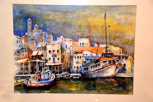 Aquarell,Kykladeninsel Milos ,Hafen signiert u. gerahmt