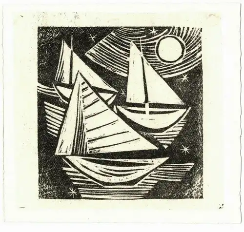 Original-Holzschnitt „Drei Segelschiffe“ von Christine Bube