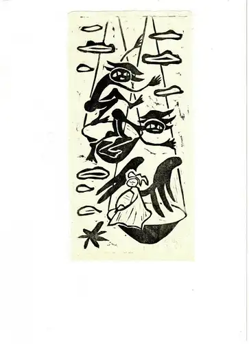 Original-Holzschnitt „Engel und zwei Teufel“ von Christine Bube,monogrammiert