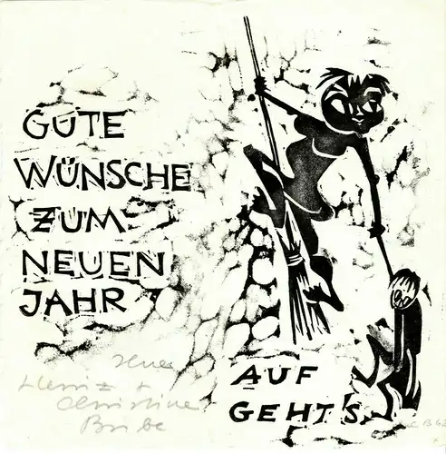 Original-Holzschnitt Neujahrsgruß 1963 von Christine Bube, monogrammiert