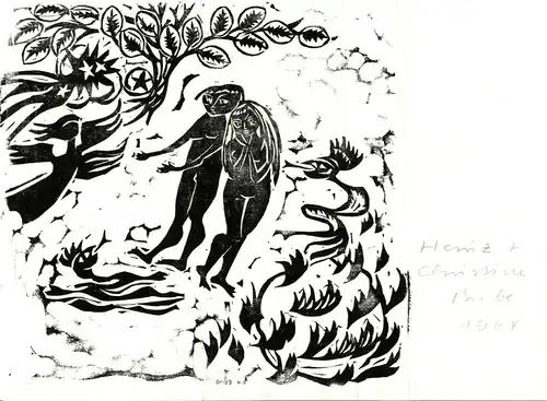 Original-Holzschnitt „Adam und Eva“ von Christine Bube, monogrammiert