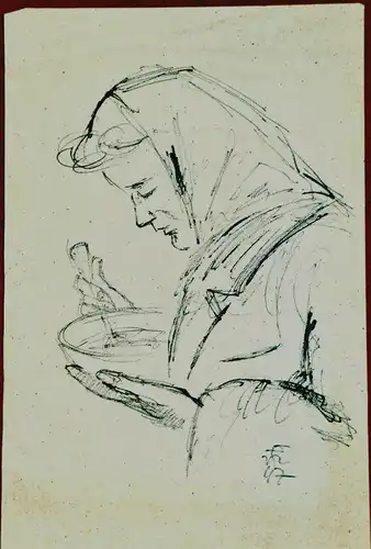 Skizze,Tusche,Frau ißt aus einem Blechnapf, monogrammiert und datiert 42