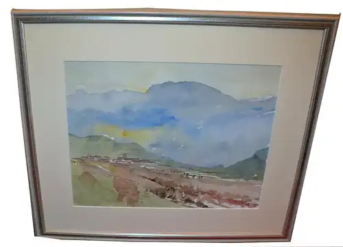 Aquarell,Ortschaft in Voralpenlandschaft,Kirche m.Zwillingstürmen,sign Eberl 82