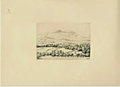 Original-Radierung Landschaft mit Bergplateau, monogrammiert HB,19.Jhdt