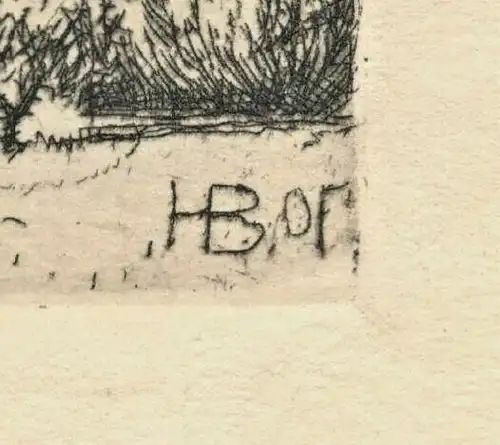 Original-Radierung Landschaft mit Bergplateau, monogrammiert HB,19.Jhdt