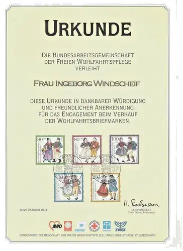 URKUNDE BUNDESARBEITSGEMEINSCHAFT DER FREIEN WOHLFAHRTSPFLEGE 1994