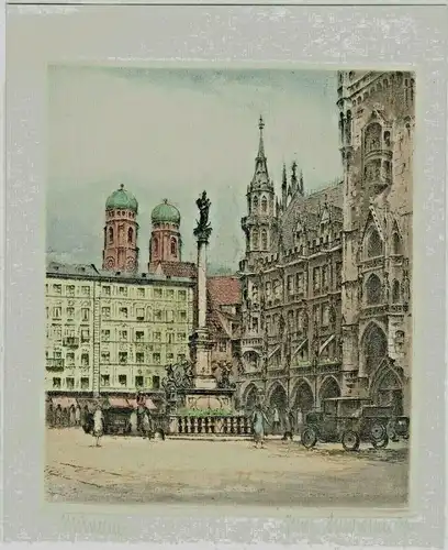 Farb-Radierung München Marienplatz, signiert Paul Schwertner.1911-1990