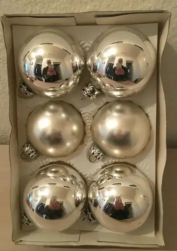 Baumschmuck, 6 Kugel silber ,Glas,ca.1960,zum Aufhängen