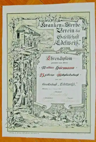 Ehrendiplom des Kranken- und Sterbeverein der Gesellschaft Edelweiß vom 5.1.1918