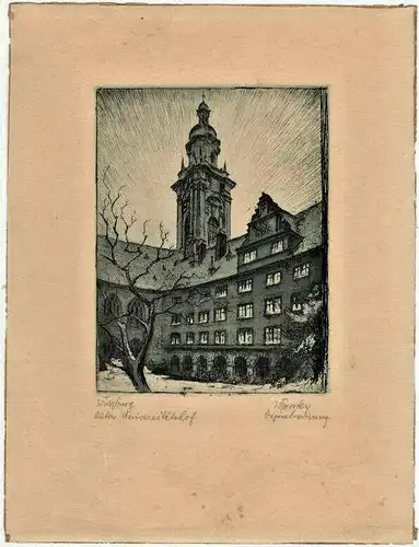 Kleine Original-Radierung von Willi Foerster: Würzburg – Alter Universitätshof