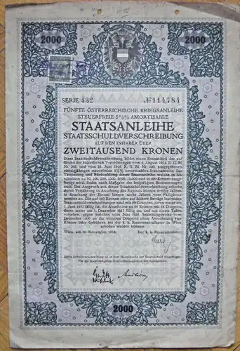 2 österreichische Kriegsanleihen 1916 zu je zweitausend Kronen mit Zinscoupons