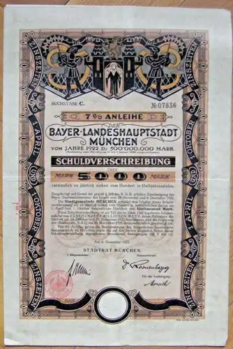 SCHULDVERSCHREIBUNG der Bayerischen Landeshauptstadt München 1922