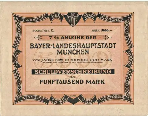 SCHULDVERSCHREIBUNG der Bayerischen Landeshauptstadt München 1922